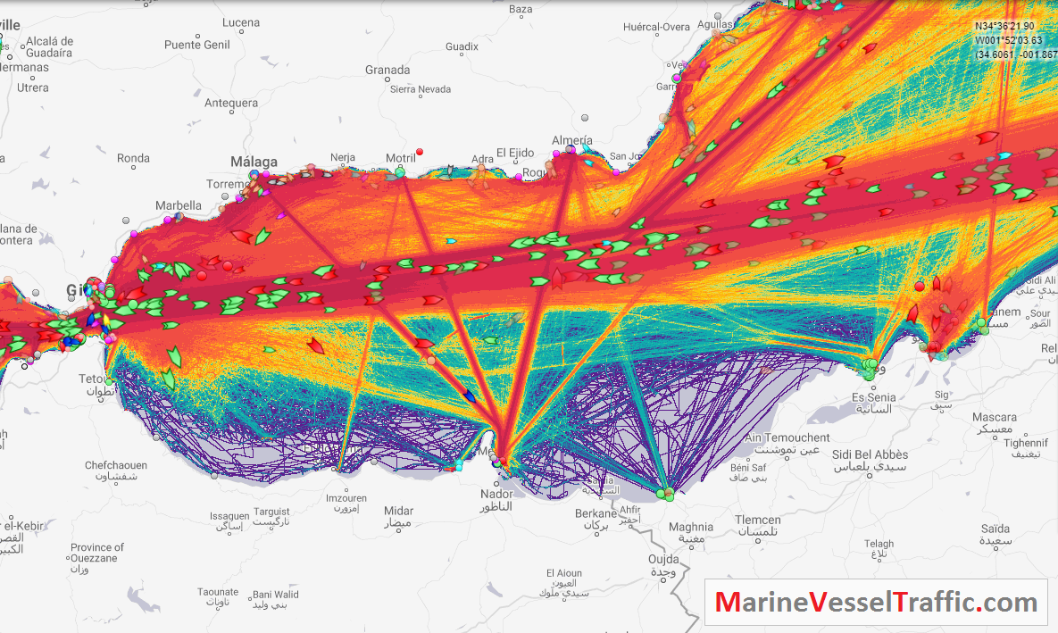 Live Marine Traffic, Density Map and Current Position of ships in ALBORAN SEA